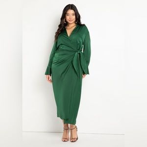 Satin wrap dress, emerald green size 14